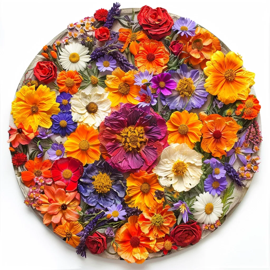 A circular arrangement of pressed flowers in vibrant hues of orange, red, purple, yellow, and white. The flowers are meticulously arranged in a radial pattern, creating a visually stunning and intricate design. The dried petals create a delicate texture, enhancing the overall beauty of the artwork. The background is a simple white, allowing the colors of the flowers to shine.  The artwork evokes a sense of nature's beauty and the fragility of life.