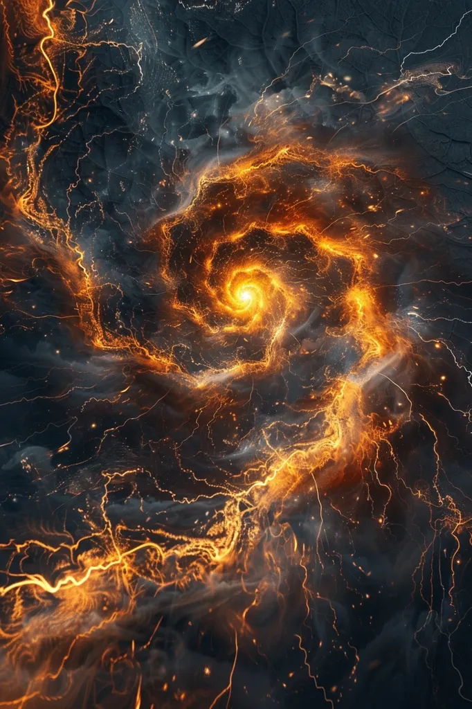 The image is an abstract representation of a fiery vortex, with swirling lines of orange and yellow light emanating from a bright, white center. The colors are rich and vibrant, and the overall effect is one of intense energy and movement. The background is a dark, smoky grey, which adds to the dramatic effect. The image could be interpreted as a representation of the Big Bang, or the birth of a star. It could also be seen as a symbol of creation, destruction, or the power of nature.