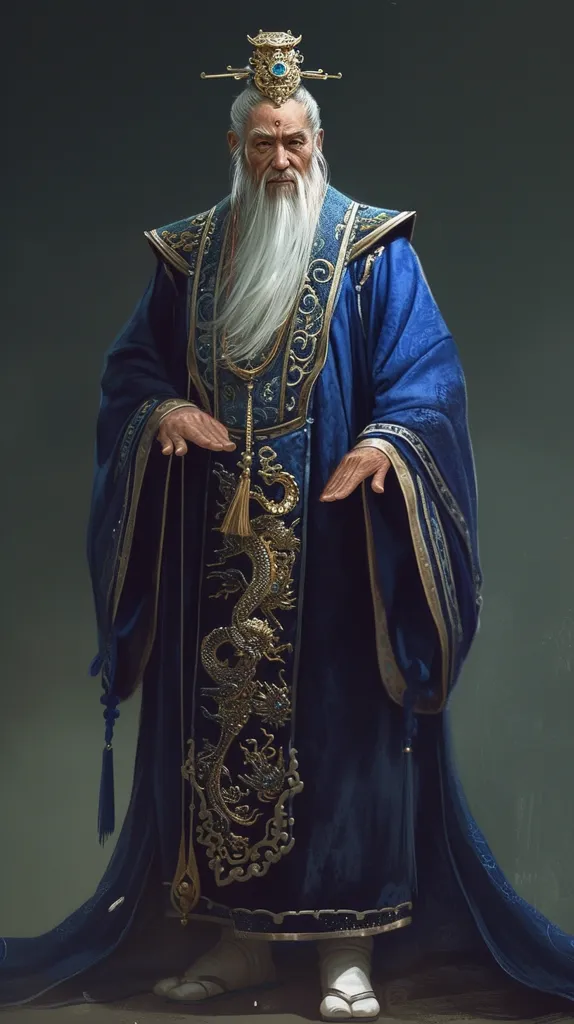 An elderly man with a long white beard and a stern expression wears a regal blue robe with elaborate gold embroidery depicting dragons. His crown is adorned with a turquoise gem, and his sleeves are wide and flowing. He stands against a simple grey background, his posture dignified and his gaze intense. He seems to be a powerful figure, perhaps a wise elder or a leader.