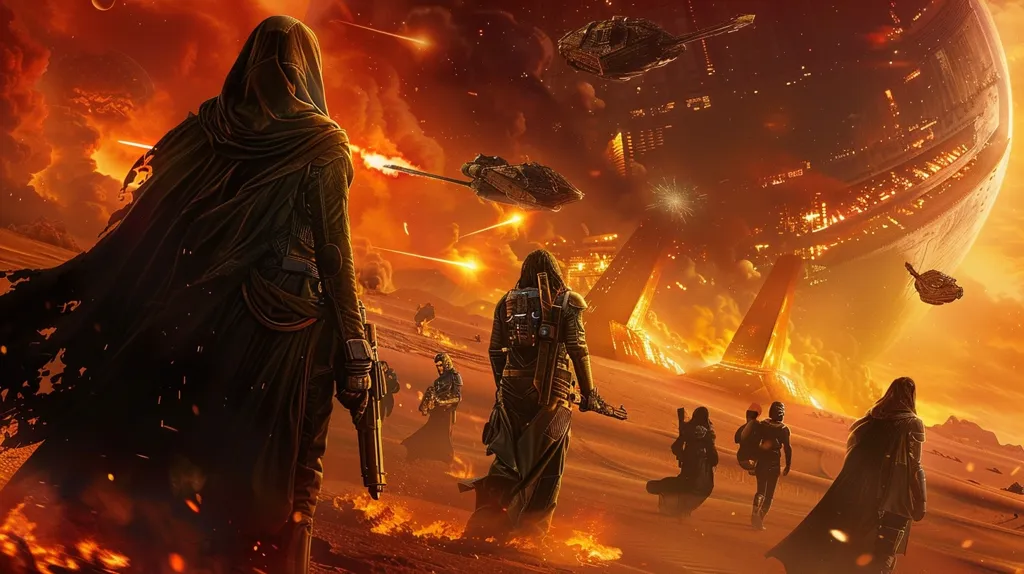 A group of figures, clad in dark robes and armor, traverse a fiery, desolate landscape. In the background, a massive, glowing space station hovers overhead, partially obscured by the fiery sky. A smaller spacecraft, spewing flames, streaks across the sky, highlighting the intense battle that has taken place. The scene is filled with an atmosphere of destruction and impending doom, leaving the figures walking into an uncertain future.