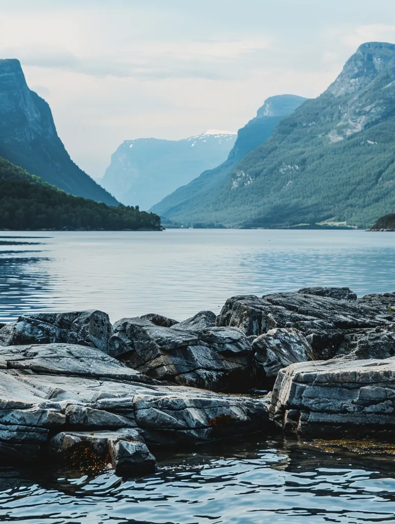 A tranquil scene of a calm, blue lake nestled between two majestic mountains.  The water reflects the cloudy sky, creating a serene atmosphere.  Large, gray rocks protrude from the lake's edge, adding texture to the foreground.  The distant mountains rise up in the background, creating a sense of grandeur and scale.  The image evokes a sense of peace and tranquility.
