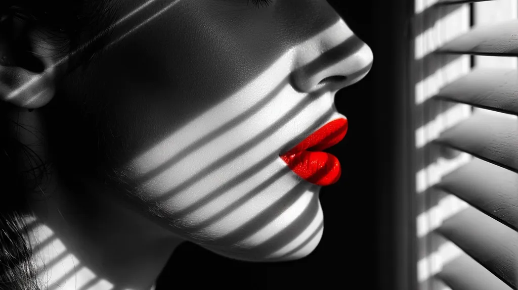 A woman's face is partially visible, with only her lips in vibrant red and the lines of light cast by a window blind visible. The image is in black and white, except for the red lips, creating a striking contrast. The woman appears to be looking out the window, creating a sense of mystery and intrigue.