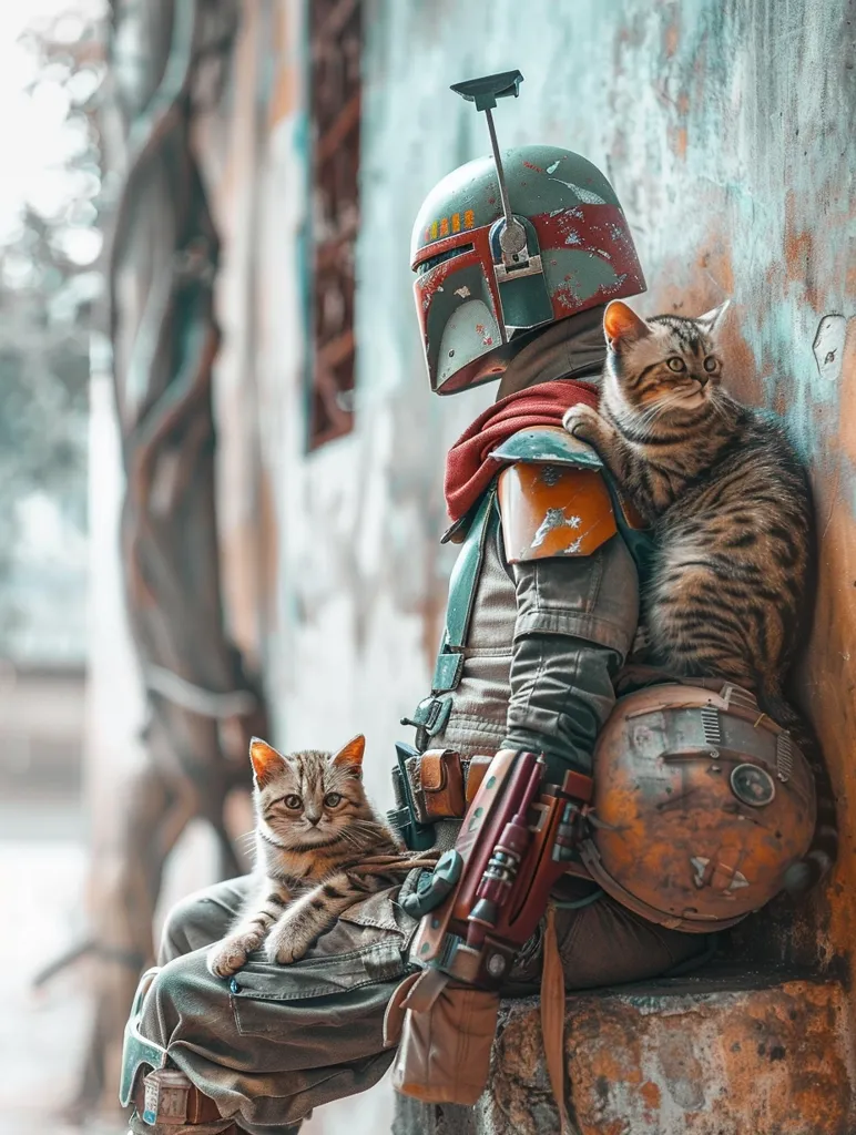 A Boba Fett cosplayer sits against a wall, clad in a weathered Mandalorian armor, with two cats curled up on his lap and shoulder. He has a blaster rifle strapped to his arm. The backdrop is a worn, textured wall with a blurry, out-of-focus background suggesting a rustic or urban setting. The image captures a whimsical blend of sci-fi and everyday life.