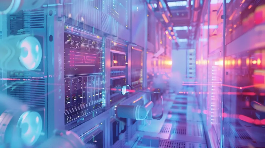 The image shows a server room with rows of servers, lit in a vibrant pink and blue neon glow. The servers are equipped with fans and monitors, showcasing data and processing information. The image captures the energy and complexity of a modern data center, highlighting the crucial role it plays in the digital world.