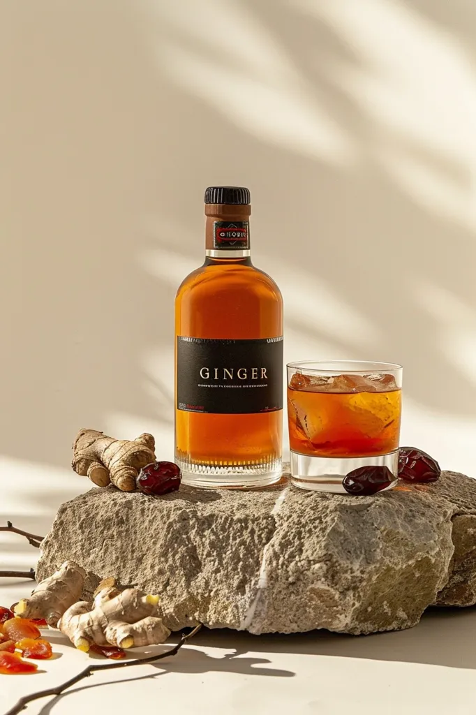 A bottle of ginger liqueur sits next to a glass of ginger liqueur on a stone. The bottle is labeled \