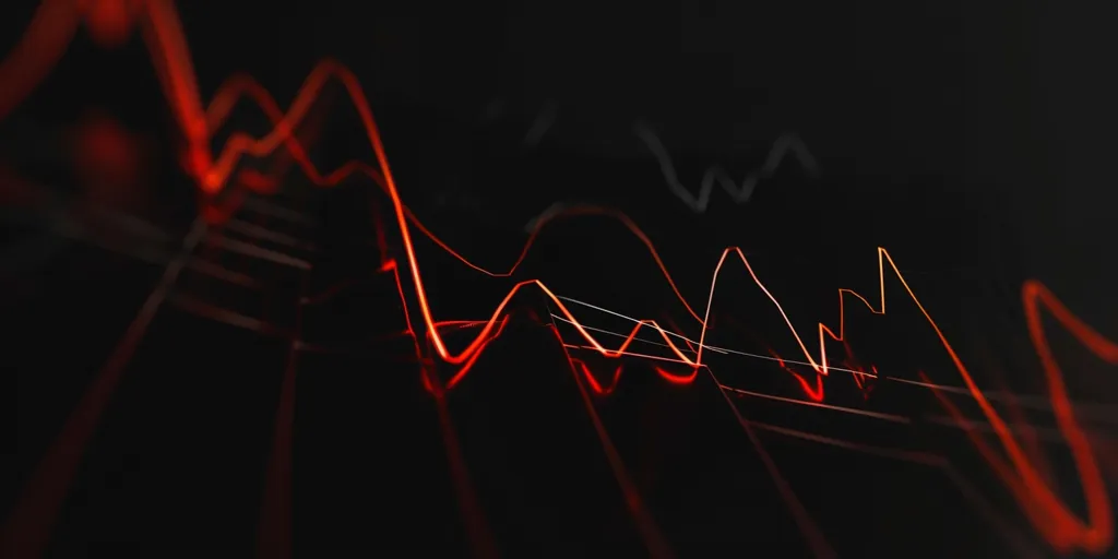 The image shows a close-up of a red line graph against a dark background. The line fluctuates up and down, creating a sense of movement and uncertainty. The red color suggests intensity and perhaps a sense of urgency or danger. The overall image evokes feelings of volatility and unpredictability.