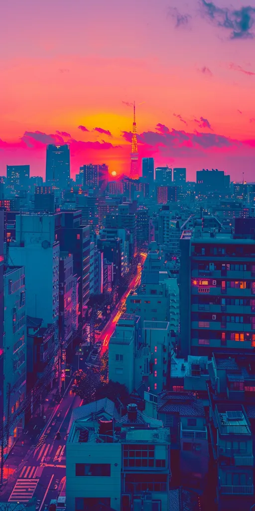 A vibrant cityscape is bathed in the warm glow of a setting sun. The sky is a gradient of pink, orange, and purple, and the tall buildings are silhouetted against it. A tall tower in the distance stands as a beacon against the fading light. The streets below are bustling with activity, as cars and people make their way through the urban jungle.  The scene is both tranquil and dynamic, capturing the beauty and energy of city life.