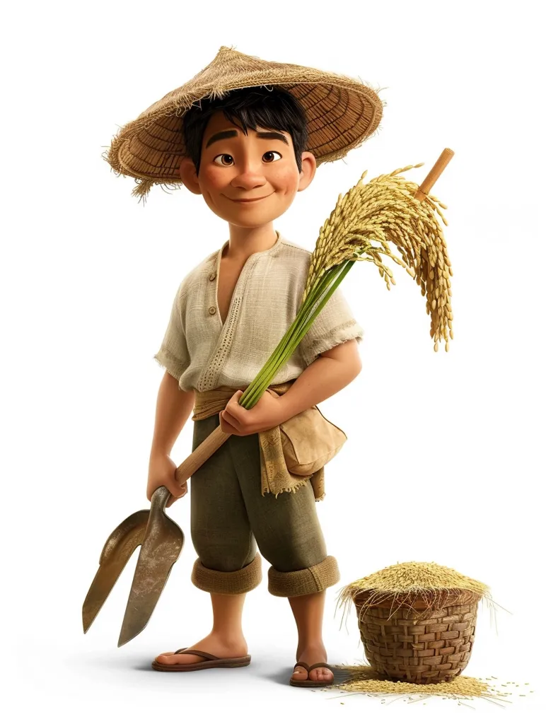 The image shows a young animated man with a straw hat and a toothy grin. He is wearing a light brown shirt and dark green pants and holding a farming tool and a bundle of rice. A basket of rice sits in front of him, with more grains scattered around it. The overall tone of the image is happy and wholesome, suggesting a life close to nature and the land.