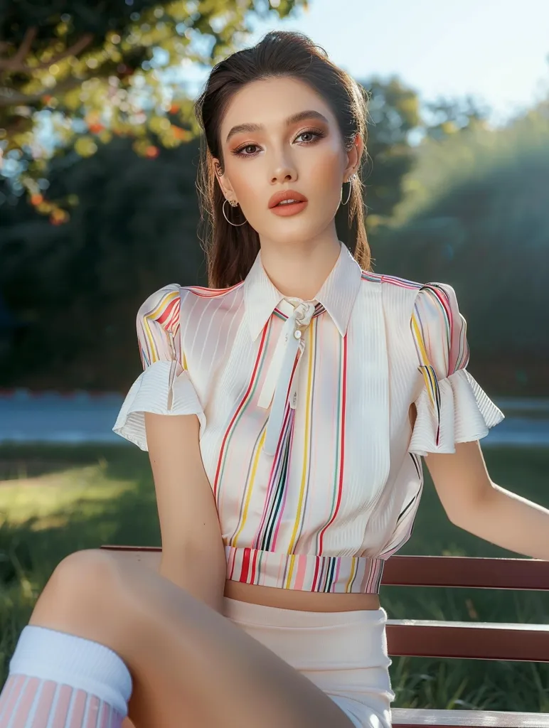 A young woman with long dark hair sits on a bench in a park. She wears a striped collared shirt with ruffled sleeves, a white skirt, and white socks with pink and white stripes. Her face is made up with neutral tones, and she looks directly at the camera with a soft expression.  She has a gold hoop earring in her left ear.  Sunlight streams through the leaves of the trees behind her.