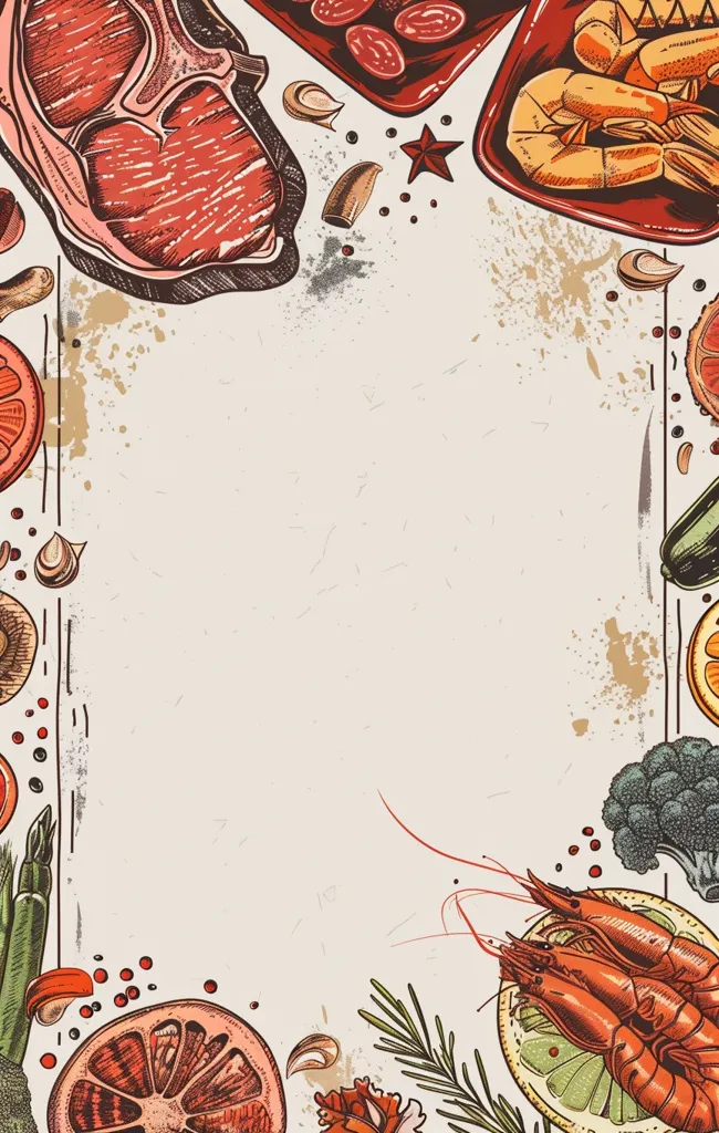 The image is a hand-drawn illustration with a white background, surrounded by a border of various food items. The items include a large steak, shrimp, garlic, peppercorns, and a slice of grapefruit. The image is designed to resemble a restaurant menu or advertisement, with the white space in the center providing space for text.  The illustration is detailed and realistic, with a vintage style.
