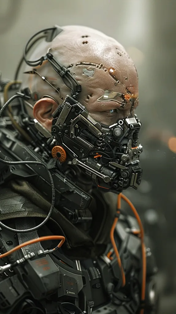 The image shows a futuristic, cyborg-like figure wearing a heavily modified helmet and a complex suit. The helmet covers most of the figure's face, leaving only one eye visible. The suit is adorned with intricate wiring and mechanical components. The image evokes a sense of technology and power, with a hint of danger.