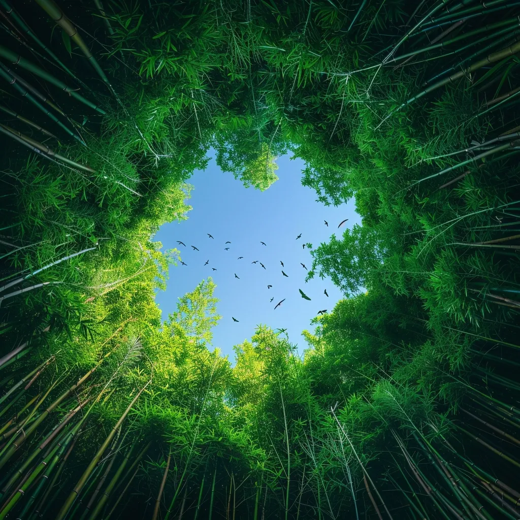 A vibrant green bamboo forest creates a natural frame around a bright blue sky. A flock of birds soars overhead, creating a sense of tranquility and freedom. The lush foliage and clear sky evoke a feeling of peace and serenity. The image captures the beauty of nature and the harmony between the earthly and the celestial.