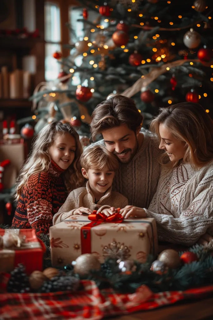 A family is gathered around a Christmas tree, opening presents.  A young boy in a beige sweater carefully unwraps a gift, while his older sister and parents watch with anticipation. The room is decorated with Christmas lights and ornaments, and the atmosphere is filled with holiday cheer. The family is enjoying a special moment together, celebrating the magic of the season.