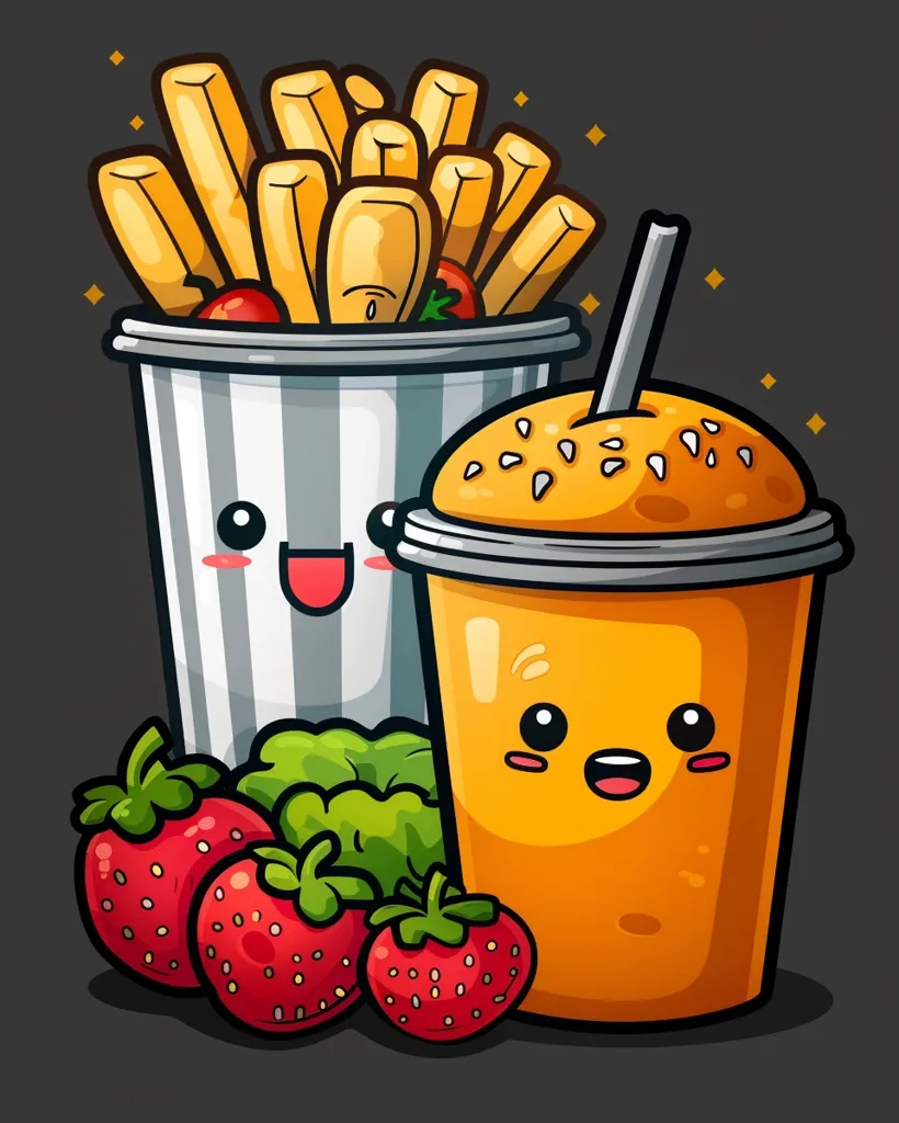 A cartoon illustration of a fast food meal with a cup of fries, a smoothie with a straw, and three strawberries. The food items all have cute cartoon faces and are arranged on a dark grey background. The fries are in a striped paper cup and the smoothie is in a tall orange cup. The strawberries are red and juicy.
