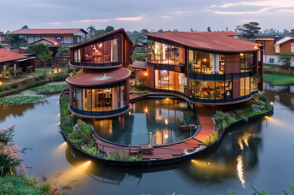 A modern, curved house sits on a small island in a serene lake. The house is constructed with large glass windows, a red tiled roof, and a wooden deck. The lake is calm and reflective, with soft lighting illuminating the scene. Lush greenery surrounds the island, adding to the tranquil ambiance. The house's unique design and the peaceful setting create a sense of harmony and luxury.
