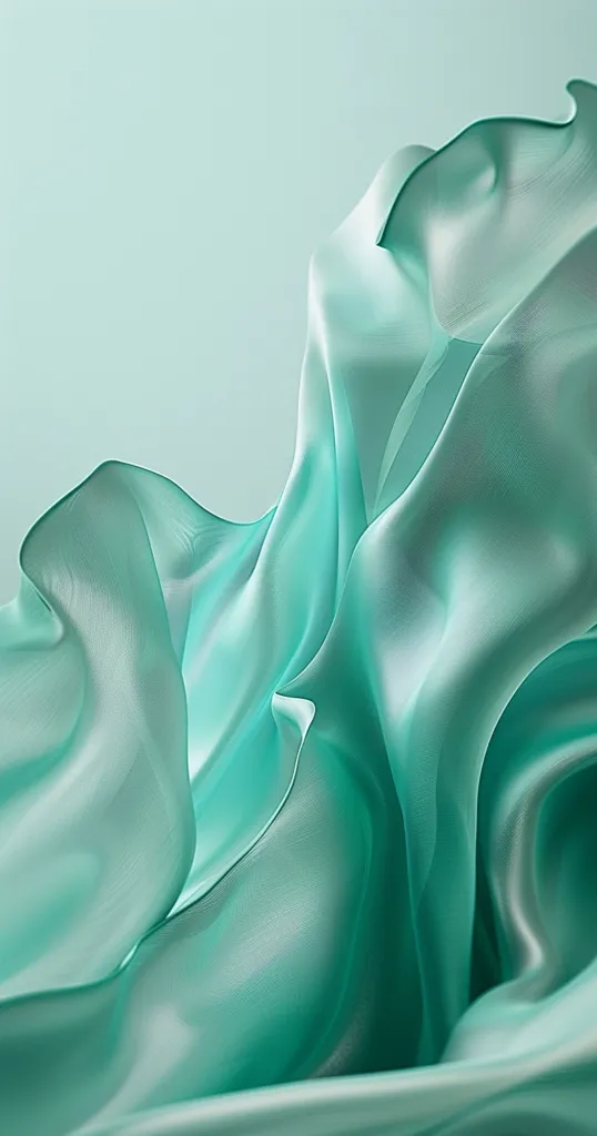 A soft, flowing piece of teal fabric drapes and folds in a graceful and abstract manner, creating a sense of fluidity and movement. The smooth, silky texture of the fabric is emphasized by the soft lighting, highlighting its subtle sheen. The background is a solid light green, providing a clean and minimalist backdrop for the fabric.