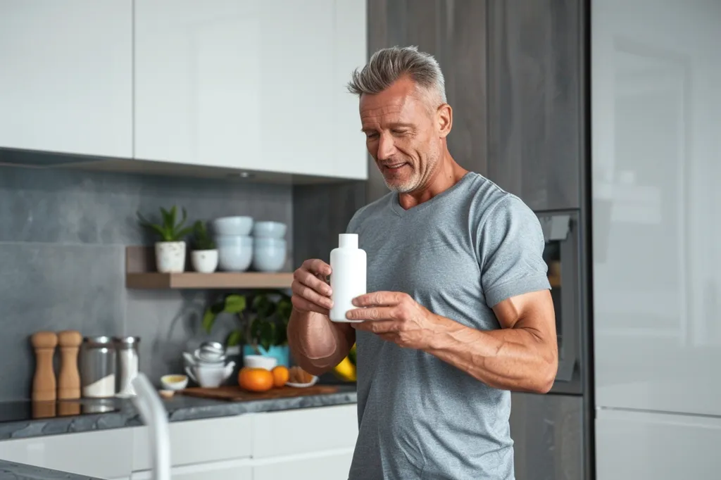 A man with graying hair is standing in a modern kitchen, holding a white bottle. He is looking intently at the bottle. The kitchen is well-lit with white cabinets and gray tiled walls.  There are various kitchen items like spices, cups, and fruit on the counter. He is wearing a gray t-shirt and his arms are muscular.