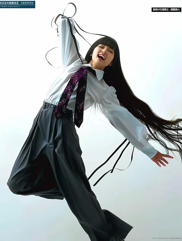 A young woman with long black hair is leaping through the air. She is wearing a white collared shirt with a black and purple tie, gray pants, and black ribbons tied around her wrists. She is smiling and looking up at the camera. The background is a plain white.