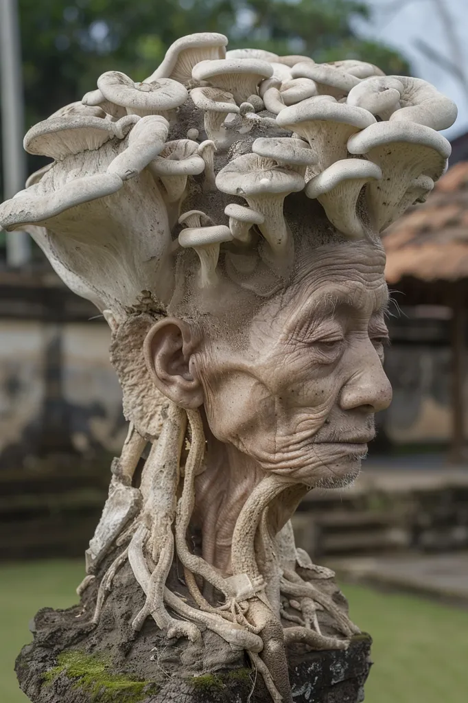 A detailed sculpture of an elderly person's bust is covered in mushrooms, resembling a crown of white, delicate fungi. The sculpture captures the wrinkles and lines of age, adding a touch of realism and poignancy to the artwork. The mushrooms grow from the head and neck, symbolizing a connection to nature and the cycle of life and death. The sculpture is placed on a moss-covered base, blending into its natural surroundings.