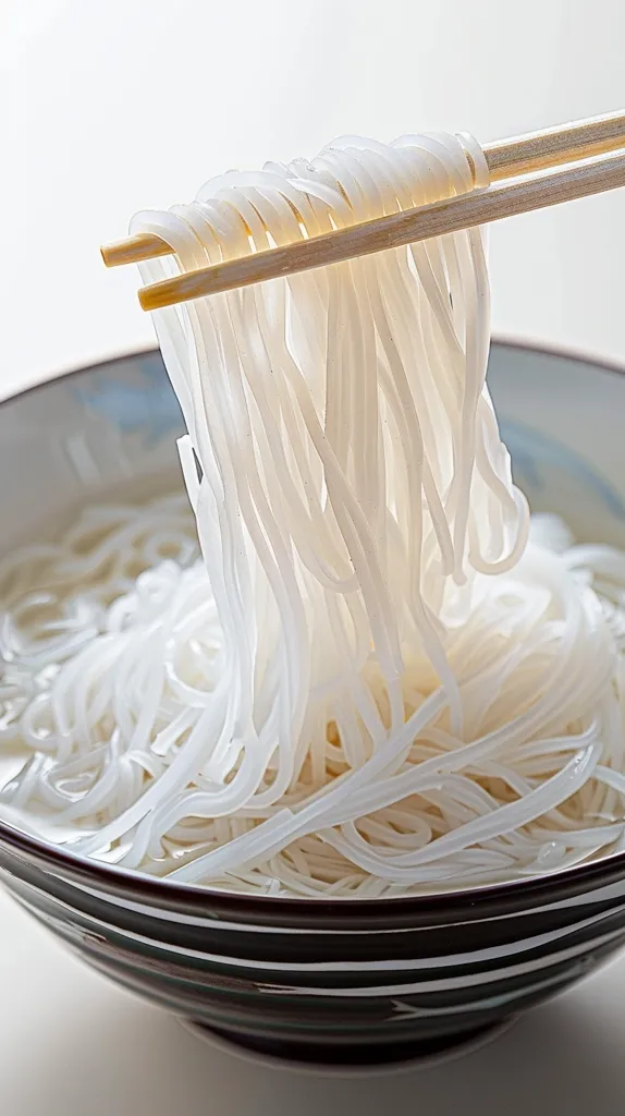 A bowl of white noodles is being lifted from the bowl with wooden chopsticks. The noodles are long and thin, and they are glistening in the light. The bowl is dark brown with white stripes. The background is white.