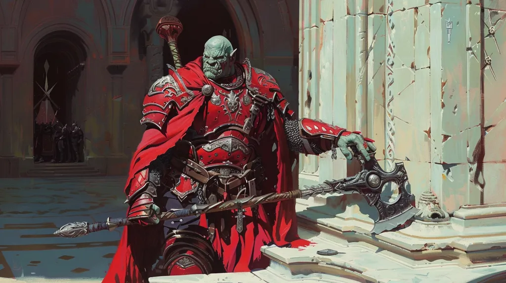 A large, green-skinned orc stands in front of a ruined building, holding a large axe. He is dressed in red armor and a red cape, and he looks imposing. The building behind him is dilapidated, with cracked walls and chipped stone. The orc's expression is serious, and he appears to be on guard.