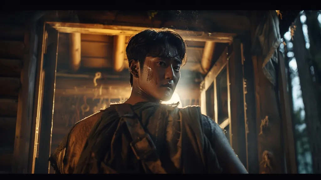A young man with dark hair and a serious expression stands in a rustic wooden cabin. He is wearing a tattered, dark-colored garment and has a visible injury on his face. The light from the doorway behind him casts a warm glow, highlighting his features. The scene appears to be set in a dimly lit and possibly dangerous environment, suggesting a story of survival or conflict.