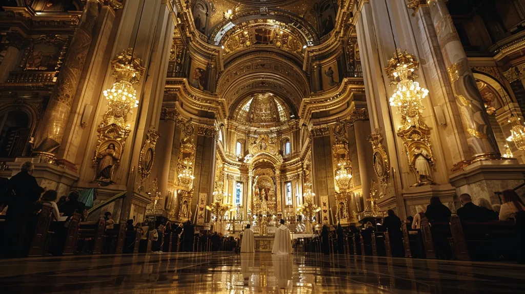 The interior of a grand cathedral is adorned with elaborate gold embellishments. Intricate carvings and statues line the walls, while chandeliers hang from the vaulted ceiling. A congregation is gathered below, their figures silhouetted against the golden backdrop. Light streams through stained glass windows, casting a warm glow on the polished marble floor. The space exudes an atmosphere of awe and reverence.