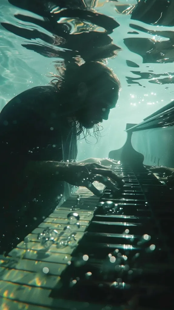 A man, partially submerged in water, plays a grand piano. The water is clear and turquoise, and the piano keys are visible. Light streams through the water, creating a dreamy and ethereal atmosphere. The man's face is partially obscured by his long hair, adding to the mysteriousness of the image.  The image evokes a sense of quiet contemplation and the beauty of music.