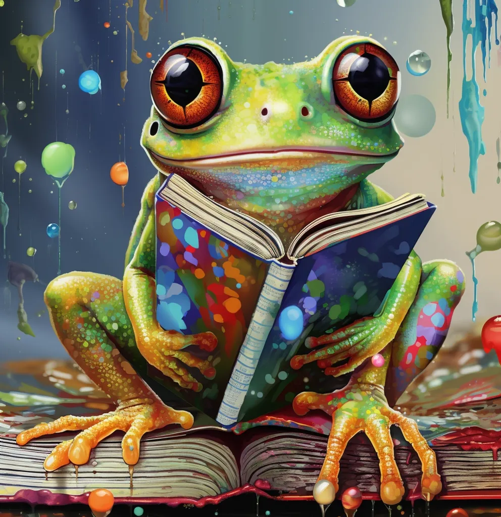 A green frog with large, expressive eyes sits on a colorful book, holding another colorful book in its webbed hands. The frog is surrounded by a whimsical background of colorful paint splatters and drops. The scene is vibrant and playful, suggesting a whimsical and imaginative world.