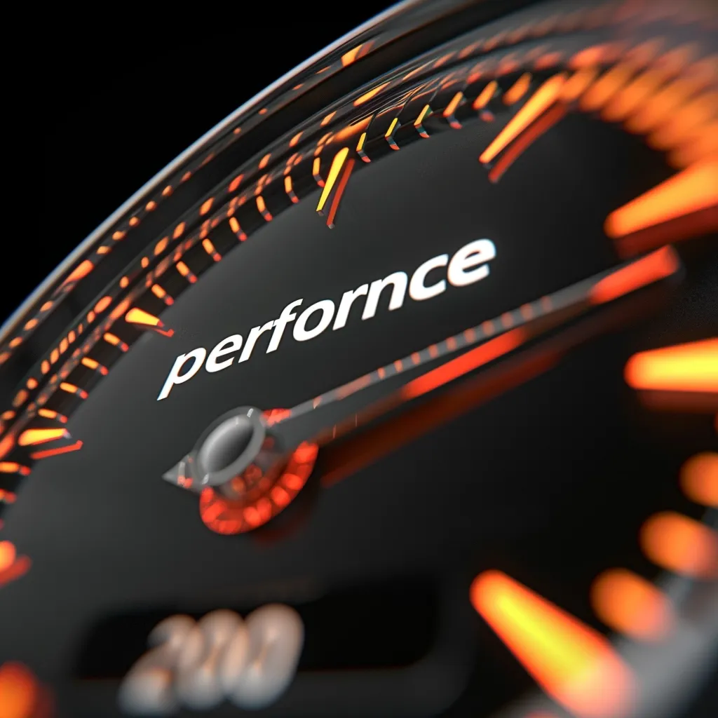 A close-up shot of a speedometer with a needle pointing to the word "performance" on the dial. The dial has a black background with orange markings. The image suggests a high level of performance or achievement.