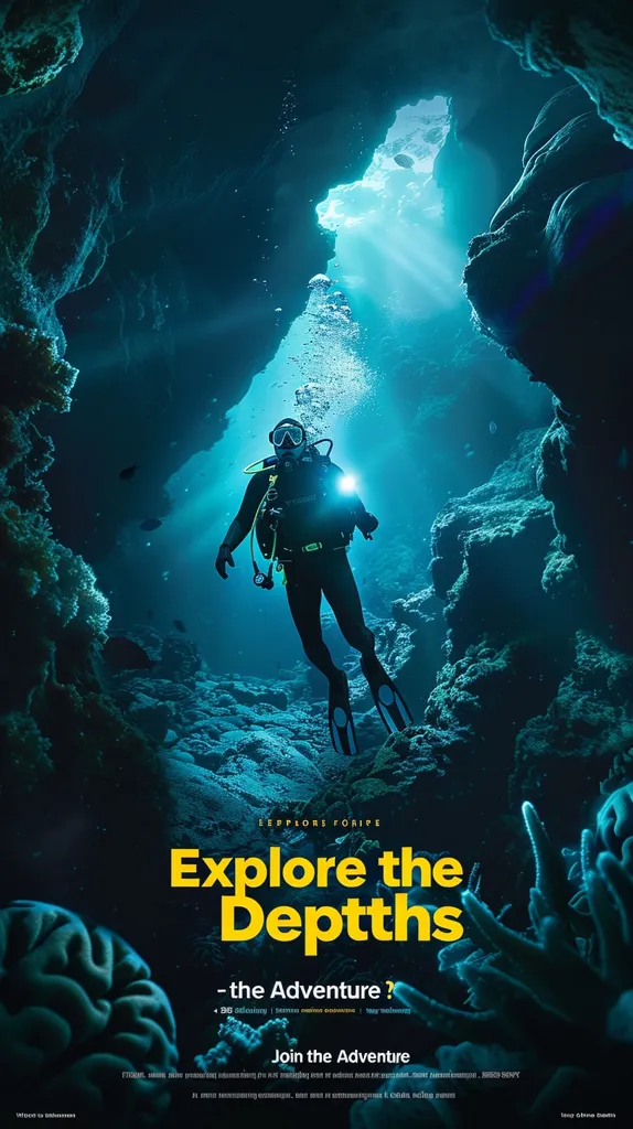 The image shows a scuba diver exploring a dark underwater cave. Light streams in from the surface above, illuminating the diver and the surrounding rock formations. The diver is wearing a black wetsuit, scuba gear and a flashlight. The image promotes the adventure of exploring the depths of the ocean.  The text on the image invites viewers to join the adventure.