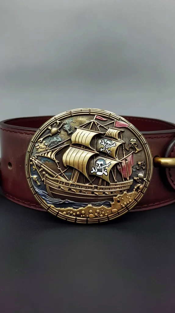 A large, round, gold belt buckle with a detailed depiction of a pirate ship with sails, a red flag, and a skull and crossbones design. The buckle is attached to a dark brown leather belt, and the image is set against a plain white background. The buckle is highly ornate and appears to be made of metal.