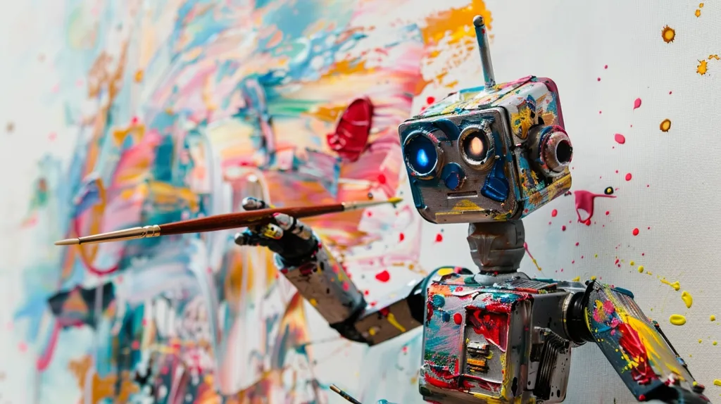 A robot, painted in vibrant colors, holds a paintbrush in its mechanical hand. The background is a canvas covered in colorful, abstract paint splatters. The robot's blue eyes seem to gaze intently at the canvas, suggesting a creative process. The image represents the intersection of technology and art, highlighting the potential of robots to be artistic collaborators.