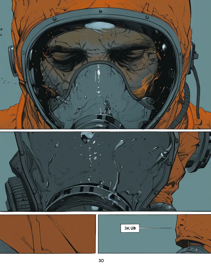 The image is a close-up of a person wearing a dark orange hazmat suit. The person's eyes are closed, and their face is partially obscured by the suit's mask. The mask is made of metal and has a large visor. The visor is cracked and has several droplets of water on it. The person is wearing a black breathing apparatus. In the background, the person is looking out at a distant figure. The words "3K UB" are visible in the lower right corner of the image.