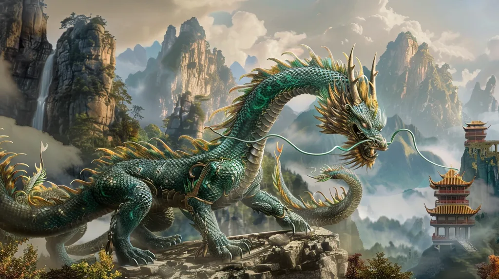 The image depicts a majestic, green dragon with golden accents perched on a rocky cliff.  It is set against a backdrop of misty mountains and a traditional Chinese pagoda. The dragon’s scales gleam in the light, and its piercing eyes stare out at the viewer. The scene evokes a sense of power and mystery, hinting at ancient myths and legends.