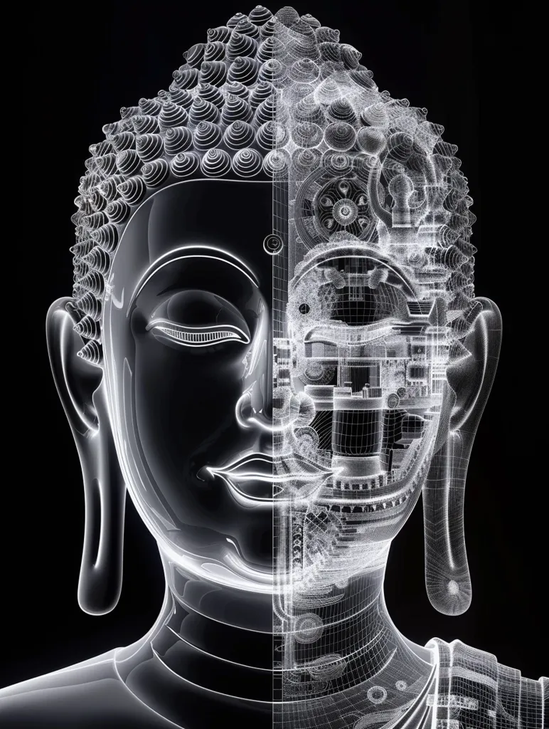 A wireframe depiction of the head and shoulders of a Buddha statue. The right side of the statue is a traditional representation, while the left side is rendered as a complex machine. The image suggests a fusion of spirituality and technology, or the potential for artificial intelligence to understand the nature of enlightenment.