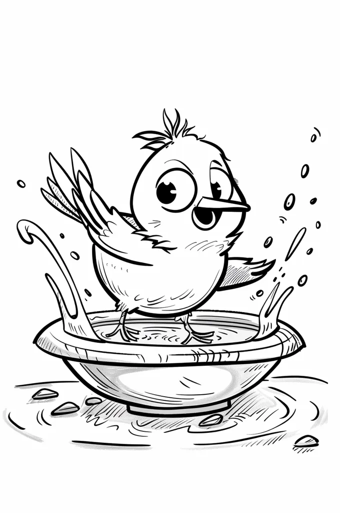 A cartoon bird is taking a bath in a bowl of water. It has large, round eyes and a wide beak. The bird is splashing water out of the bowl with its wings and feet. There are droplets of water surrounding the bird. The image is drawn in black and white.