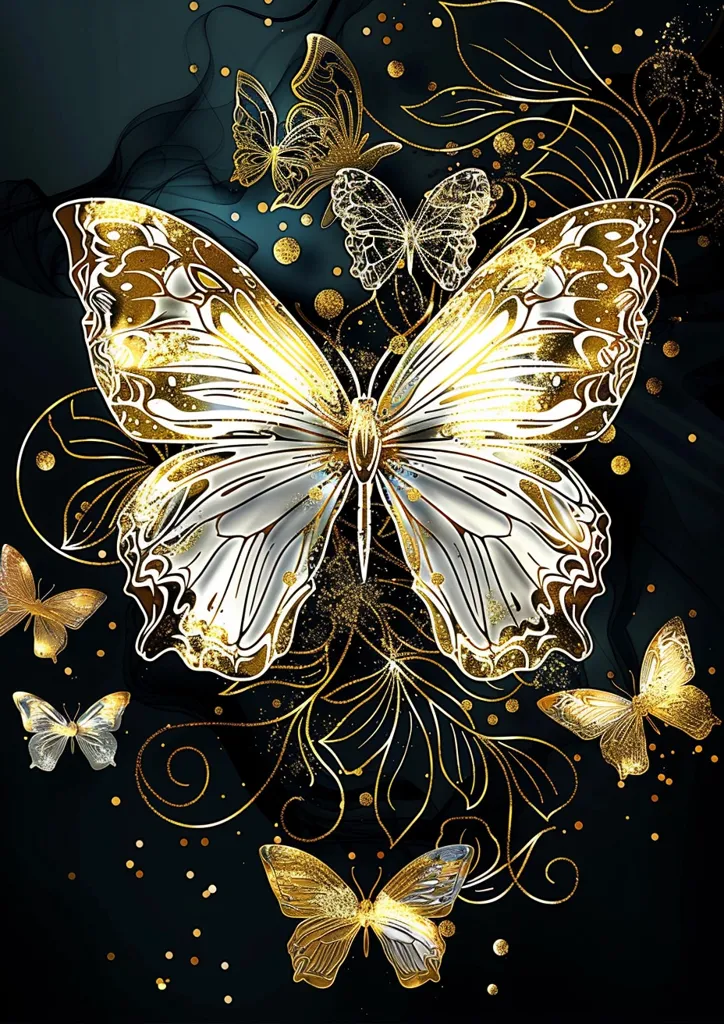 The image features a dark background with gold and white butterflies scattered throughout.  The central butterfly is large and in focus, with intricate details on its wings and body.  It is surrounded by smaller butterflies and delicate gold floral designs, creating a luxurious and elegant scene.  The image evokes a sense of beauty and wonder.