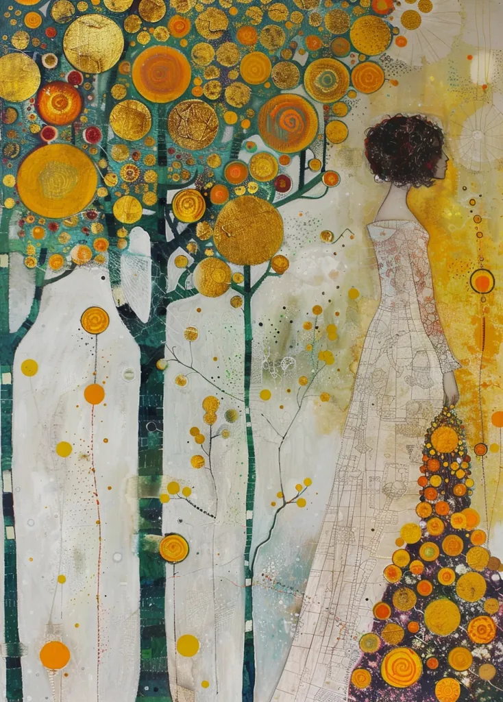 The painting depicts a woman in a white dress standing to the right of a forest of abstract trees. The trees are made up of a pattern of circles and spirals in shades of green, yellow and gold. The woman’s hair is brown and curly. The background is a pale white and the painting has a dreamlike feel. The woman is looking to the right of the canvas, while her dress blends seamlessly into the background.