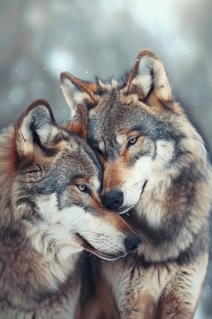 Two wolves, one grey and one brown, are nuzzled together in a snowy setting. The grey wolf's head is resting on the brown wolf's back, their faces close together. The image captures a sense of tenderness and connection between the two animals. The background is blurred, focusing attention on the wolves' faces.  The soft, fluffy fur of the wolves contrasts with the icy backdrop.  The image portrays a heartwarming moment of companionship and affection between these majestic creatures.