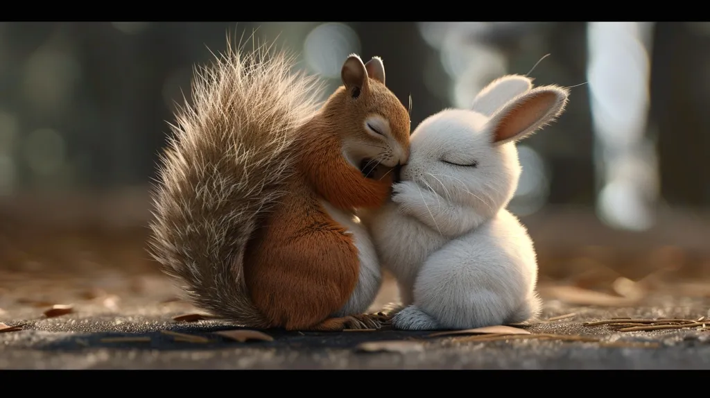 A red squirrel with a fluffy tail and a white rabbit are snuggled together, their eyes closed. They are in a forest setting, with fallen leaves and pine needles scattered around them. The image evokes a sense of warmth and friendship between two different species.