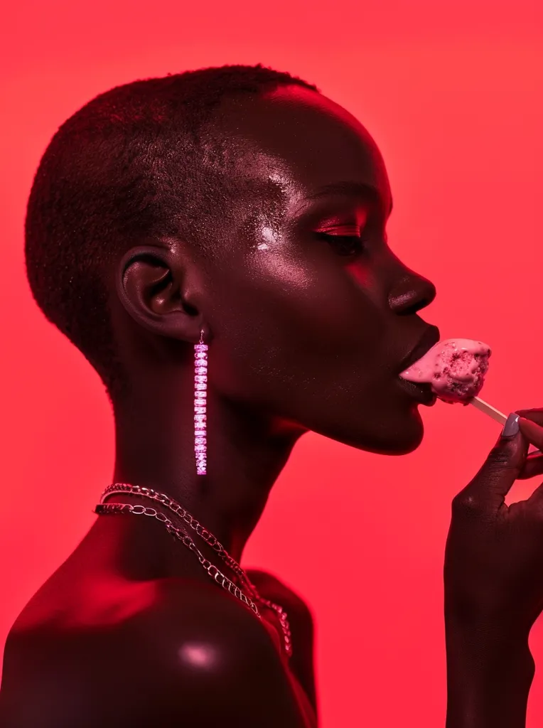 A young woman with short, dark hair and a bare shoulder is shown in profile. She is wearing a long, pink jeweled earring, silver chains, and a light sheen of makeup. She looks down as she licks a pink ice cream pop with her right hand. The background is a vibrant red.  She has a serious expression.  The lighting makes the subject's skin glow.