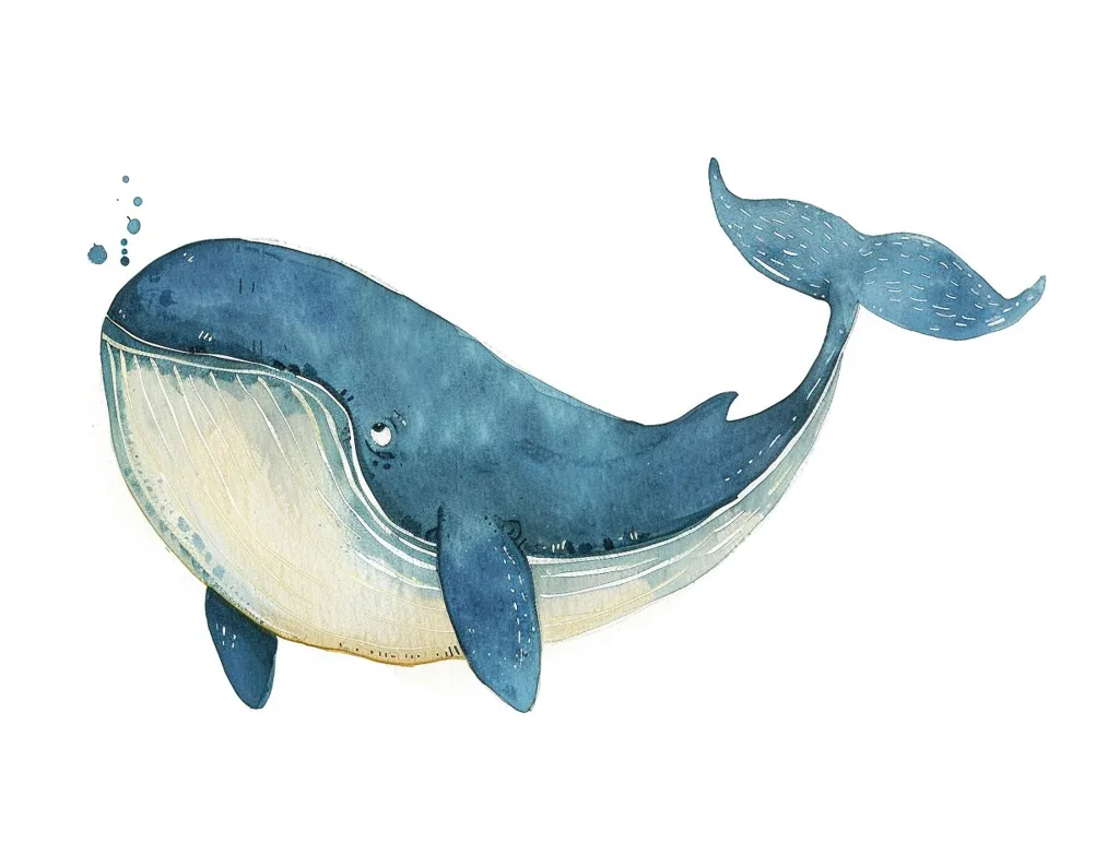 The watercolor painting depicts a blue whale swimming with its tail fluke in the air. The whale is rendered with a soft, whimsical style, with a hint of a smile on its face. A few small dots of blue above the whale suggest bubbles, creating a sense of movement and underwater life. The whale is set against a white background, making it the focal point of the image.