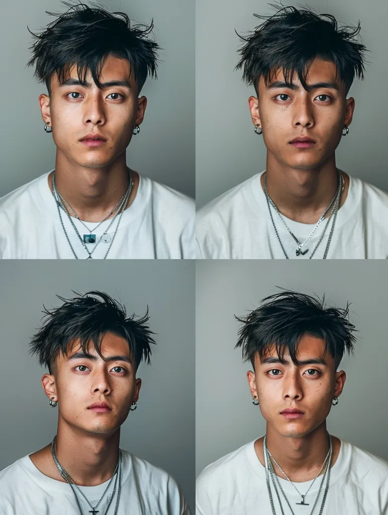 The image shows four portraits of a young man with black hair styled in a messy, textured look. He is wearing a white t-shirt and multiple silver necklaces.  He has a serious expression, with dark eyebrows and piercing eyes. His ears are adorned with silver hoop earrings.  The background is a simple, light gray.  The images are cropped, highlighting his face and upper torso.
