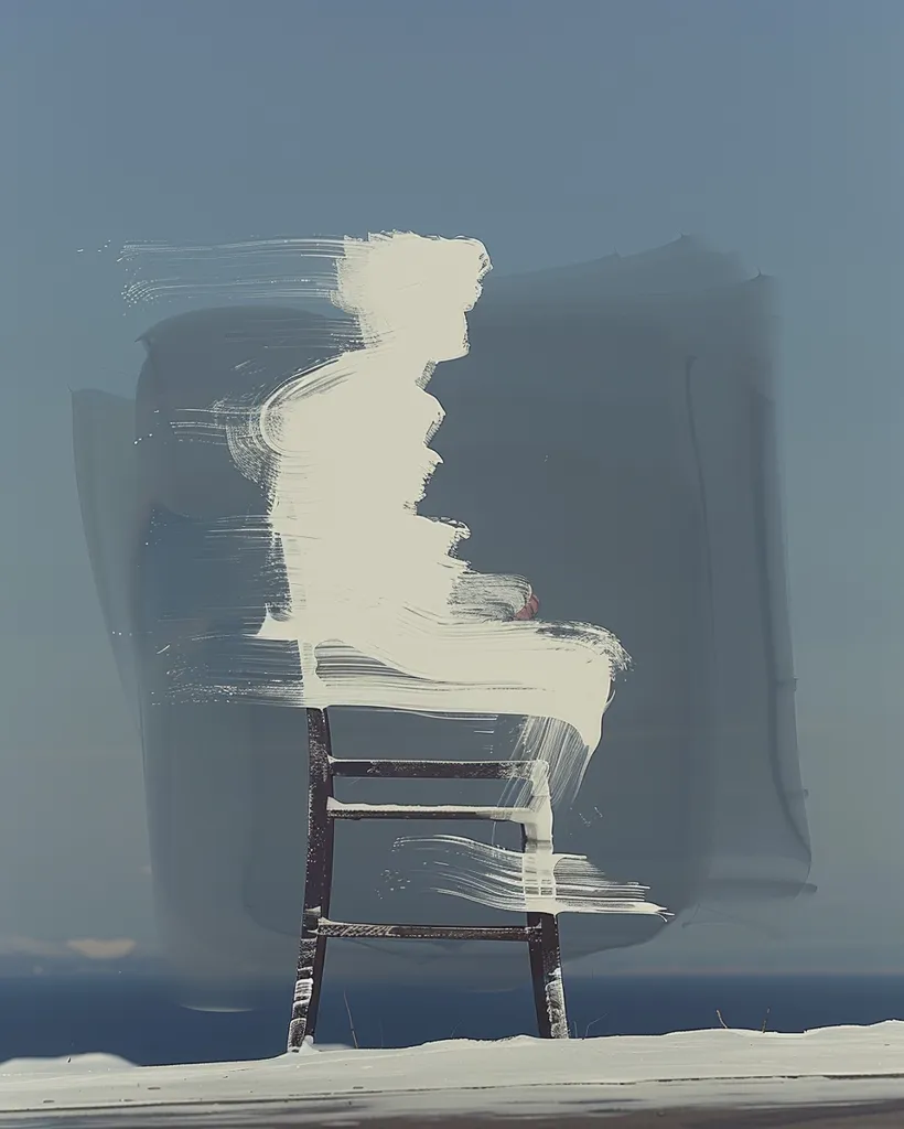 A lone, white figure sits on a wooden chair against a pale blue background. The figure is painted in a style reminiscent of brushstrokes, giving it a hazy and abstract quality. The scene is simple yet evocative, with a sense of loneliness and introspection. The background suggests a vast, open space.  The overall effect is one of isolation and contemplation.