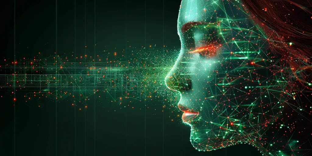 The image shows a stylized profile of a woman's face formed by a network of green and red lines and dots. The background is a deep green with a blur of similar lines and dots. The image suggests a digital or technological connection, perhaps representing the merging of physical and virtual reality. The overall effect is one of mystery and intrigue.
