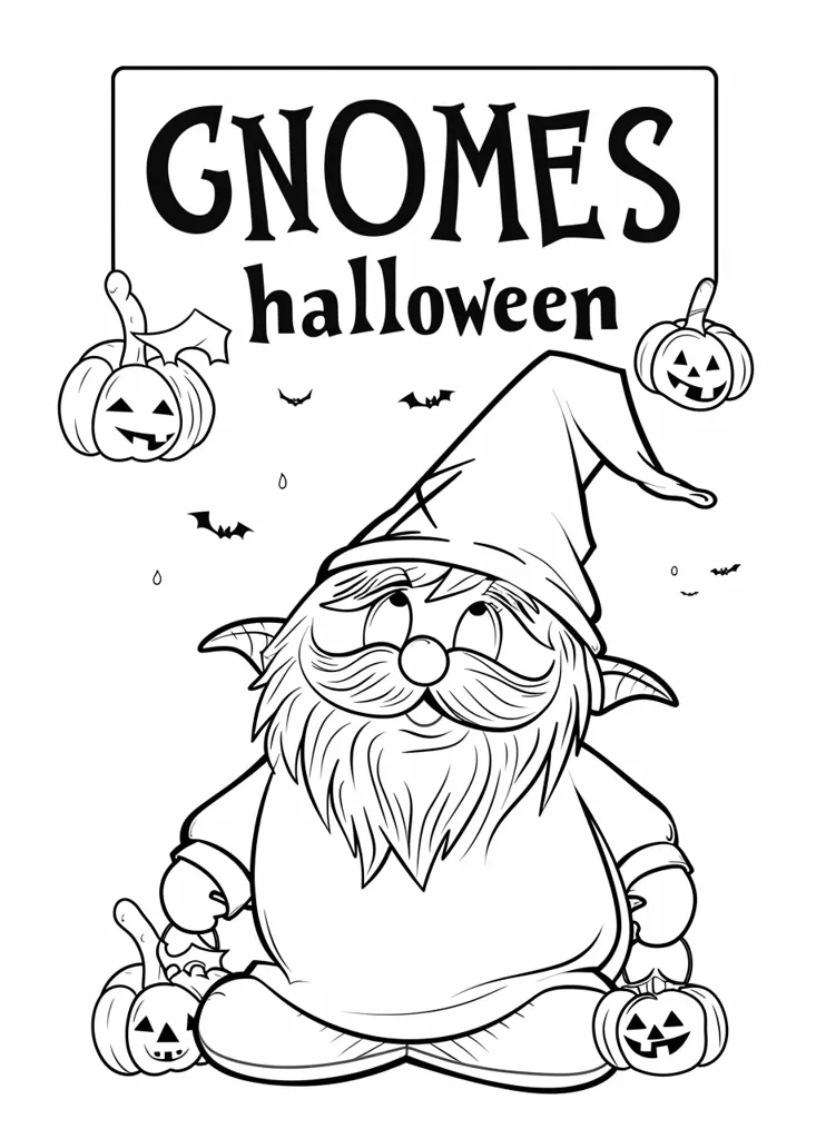 A black and white cartoon image of a gnome with a long beard and a pointed hat. He is sitting with his legs crossed, holding a pumpkin in each hand. There are other pumpkins, bats and a sign saying "Gnomes Halloween" in the background.  The image is a coloring page.