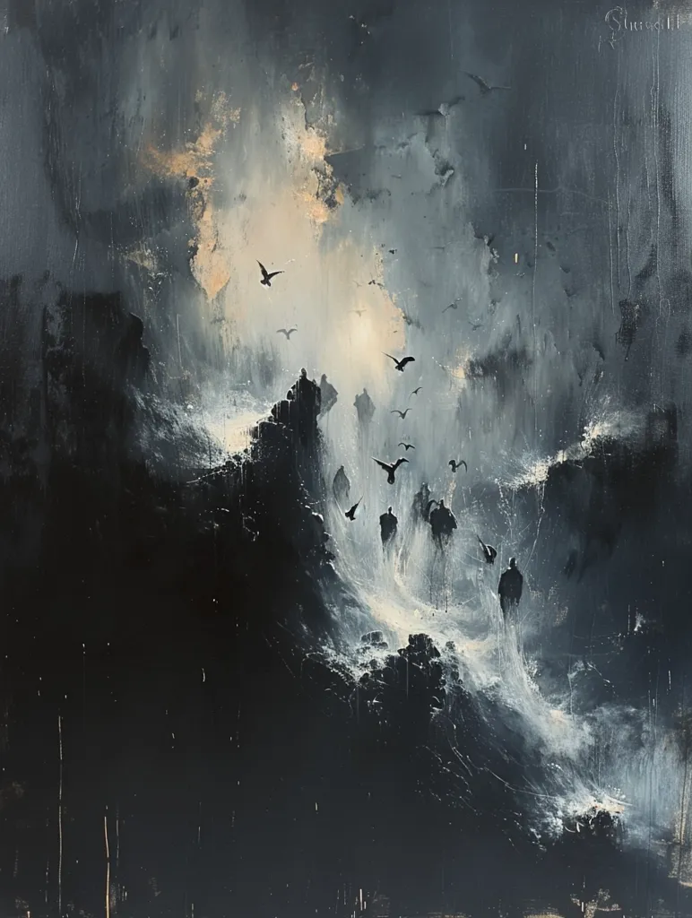 The painting depicts a dark and mysterious scene. A group of figures walk up a rocky path towards a light in the distance. The sky is filled with swirling clouds and a few birds fly overhead. The overall feeling is one of mystery and intrigue. The light source, possibly a window or a doorway, suggests hope and a potential way out of the dark. The figures seem to be seeking something, perhaps guidance or a new beginning.  The composition and colors create a sense of isolation and vulnerability. The painting leaves the viewer with questions about the figures' journey and their destination.