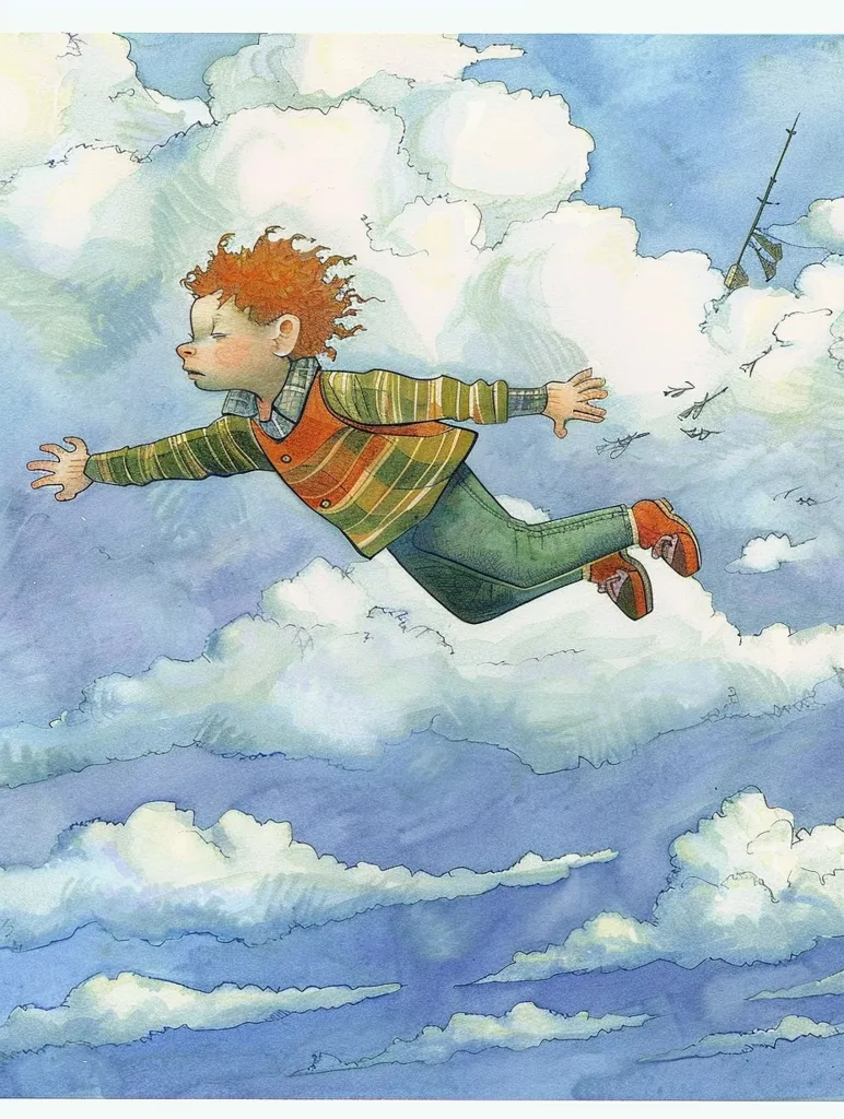 The image depicts a red-haired boy flying through the sky, with clouds and a distant ship in the background. He is wearing a striped shirt and green pants and his arms are outstretched as if he is embracing the flight. The sky is a soft blue with fluffy white clouds. The image is painted in a whimsical style and evokes a sense of joy and freedom.