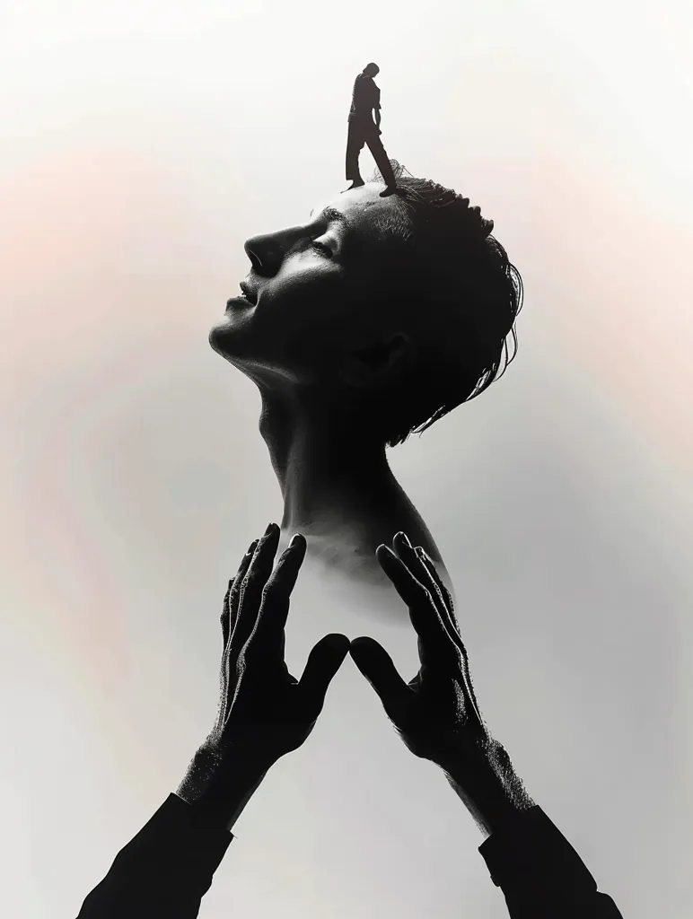 The image is a surrealist photograph. A small figure stands atop a large, tilted head that is looking up. The head is framed by the two hands of a larger figure, forming a triangular shape. The composition suggests a sense of introspection, vulnerability, and the relationship between the self and the external world.  The grayscale coloring adds a somber and contemplative mood.